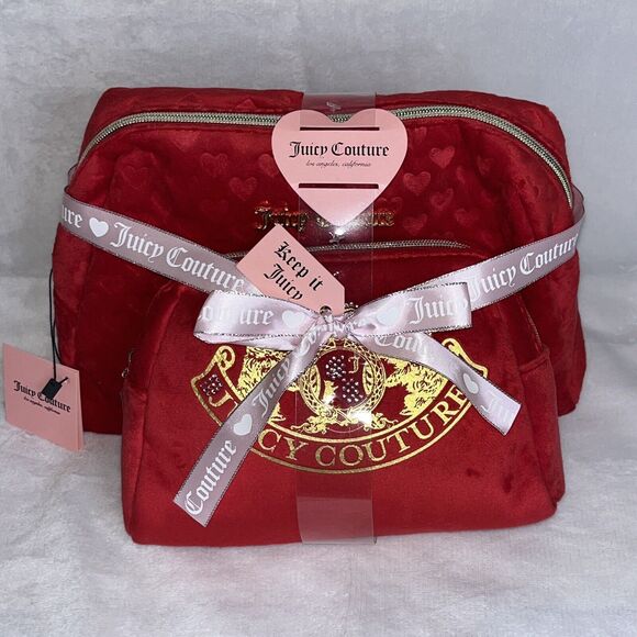 Juicy Coulture Red Hearts Plush 2 Piece Cosmetic Make Up Travel Bag HTF & NWT - Picture 1 of 10
